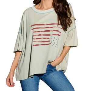 Easel Cotton Patriotic USA Flag Relaxed Fit Short Sleeve Top